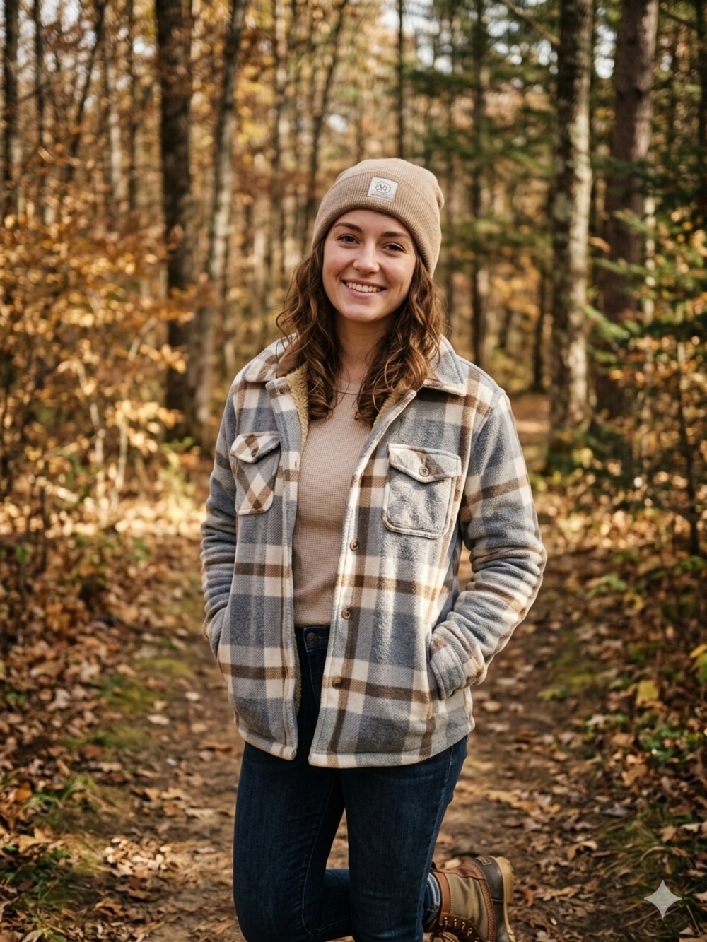 Cozy Plaid Utility Jacket in Beige and Gray
